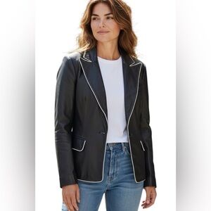 Theory Black Leather Blazer with White Piping